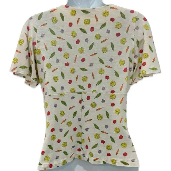 Vintage Tie Front Ivory Vegetable Print Carrot Tomato Peas Lettuce Tee size S - Picture 5 of 10